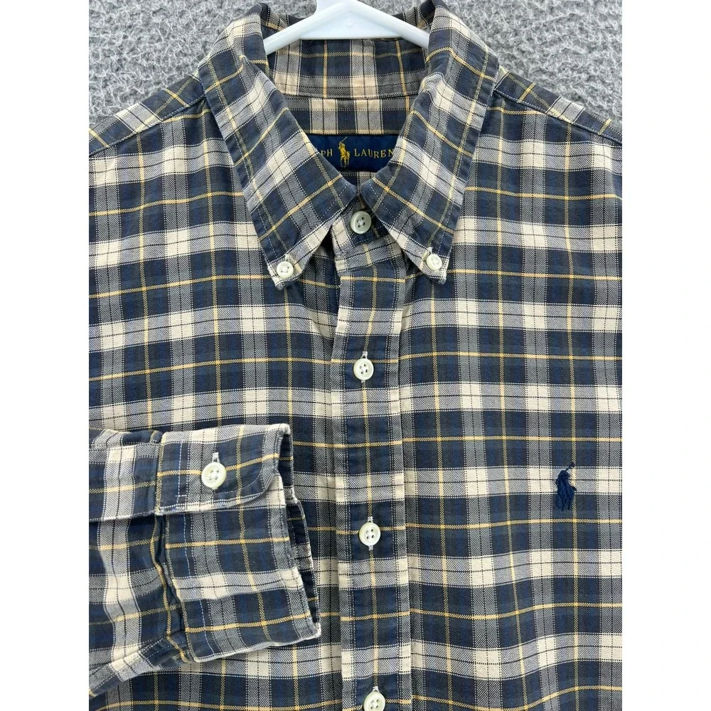 Polo Ralph Lauren‎ Shirt Mens Large Plaid Button Down Navy Tan Yellow Pony